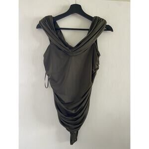 Women's Express Body Contour Bodysuit Olive Green NWT Side Rouching Off Shoulder